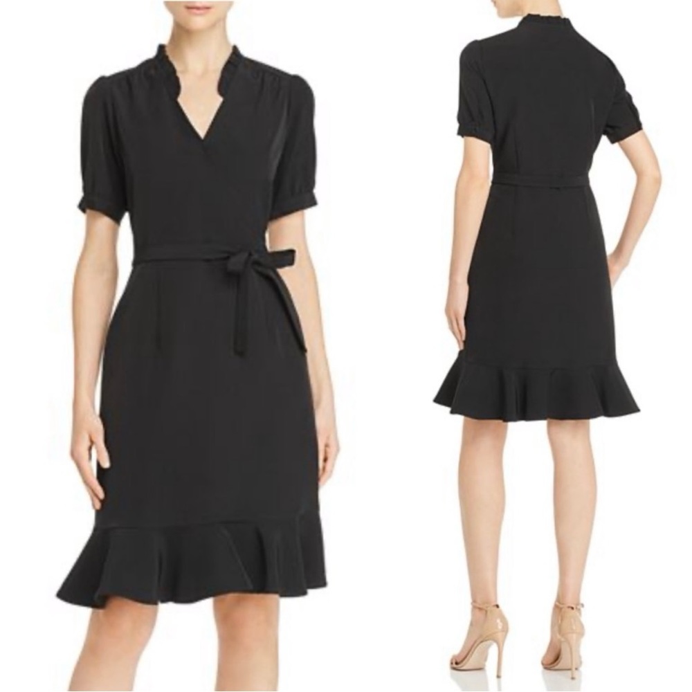 Sale⭐️ NWT Nanette Lepore Faux Wrap Dress sz 6 Black short sleeve Ruffle Skirt